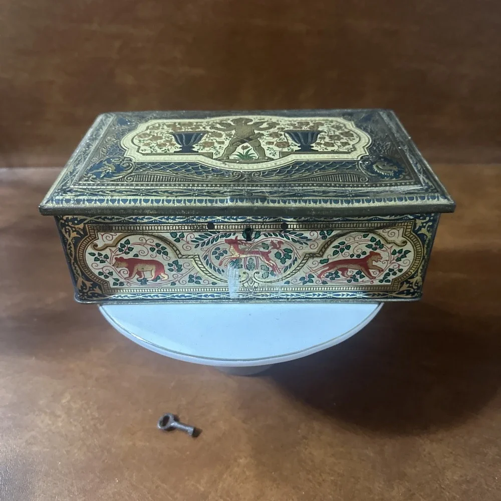 Antique metal/tin box from candy/biscuits?-Early 1900's-Made in England w-key
